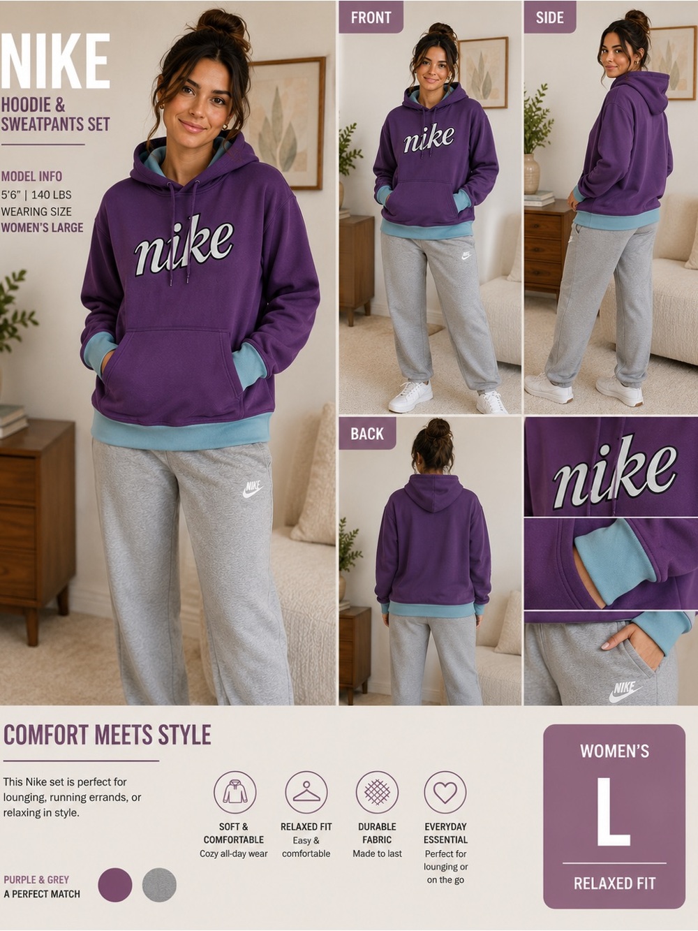 Nike Purple Hoodie with Light Blue Trim with gray joggers